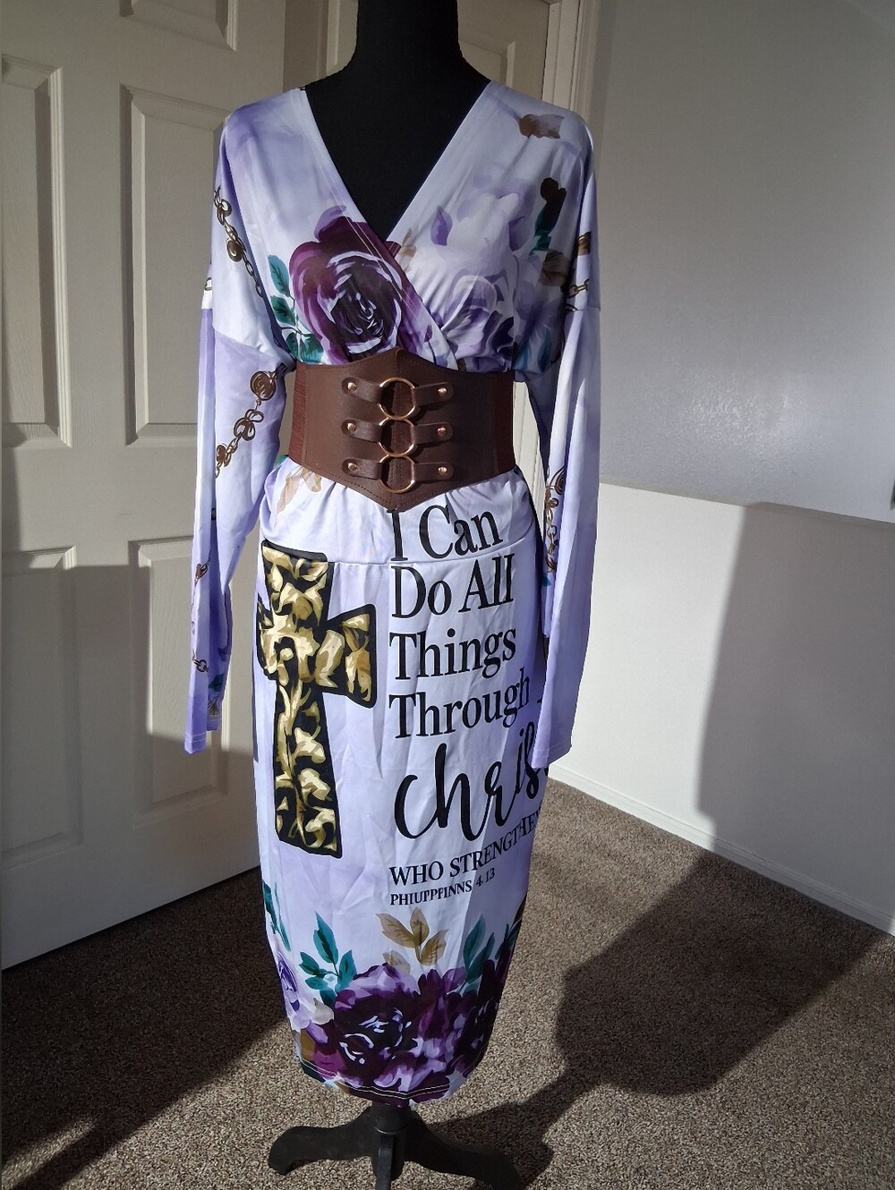 New-Floral Scripture Lavender Wrap-Style Midi Stretch Dress - Picture 2 of 11